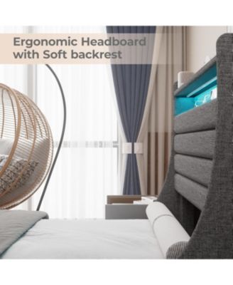 Twin Bed Frame Storage Headboard USB Charging LED Lights Noise Free Under Storage Easy Assembly No Box Spring