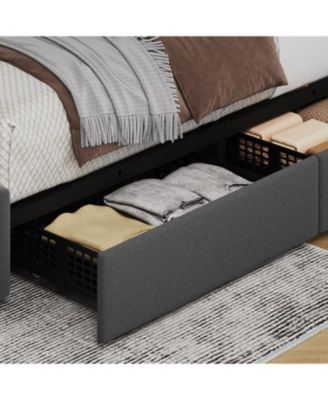 King Upholstered Bed Frame 4 Storage Drawers Adjustable Headboard Wooden Slats Support No Box Spring