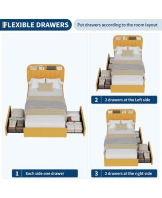 Boucle Upholstered Platform 2 Storage Drawers Bookcase Headboard Noise-Free Easy Assembly No Box Spring Children Bed