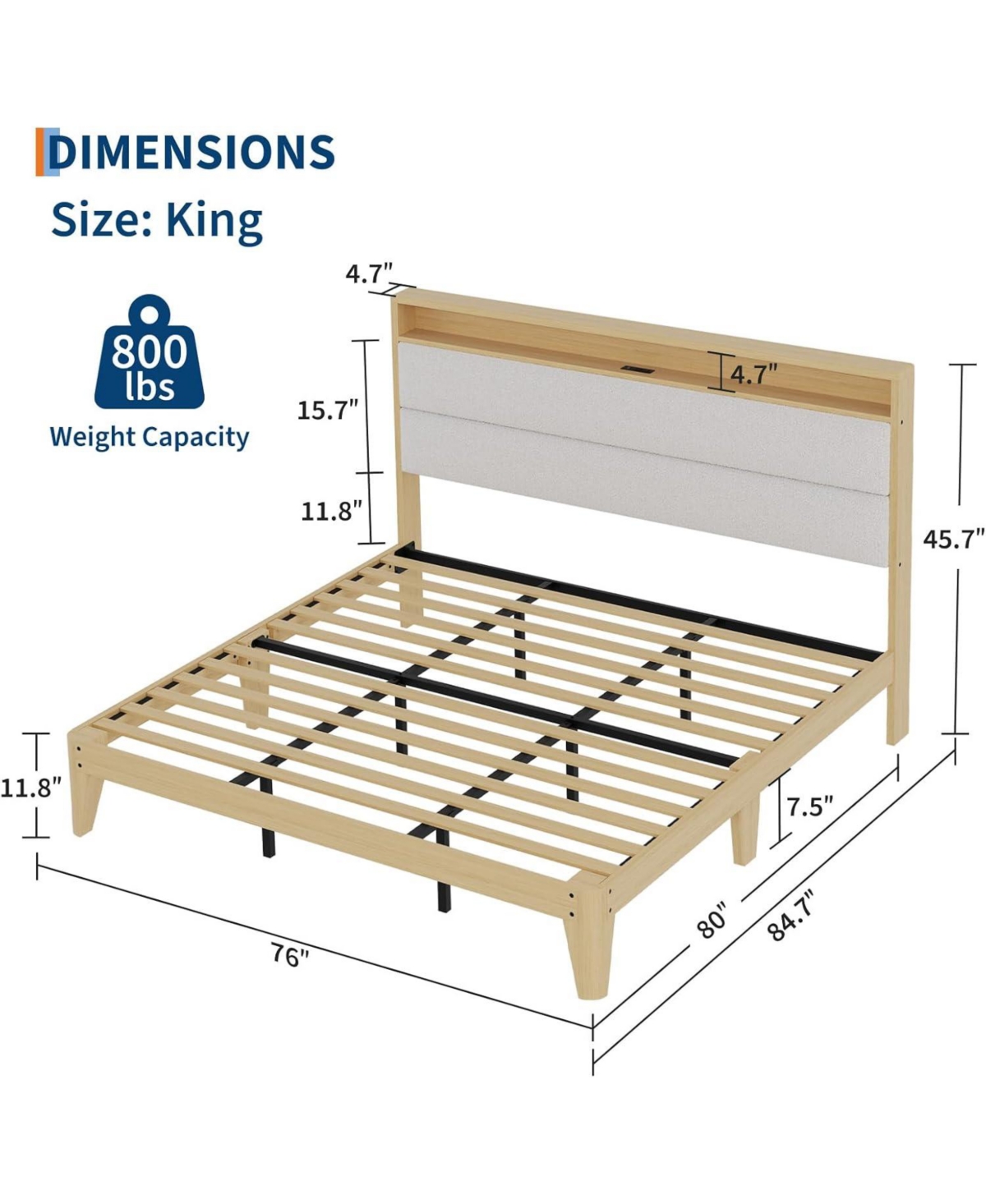 gaomon King Boucle Bed Frame, Frame with Rgb Led Light & Charging Station