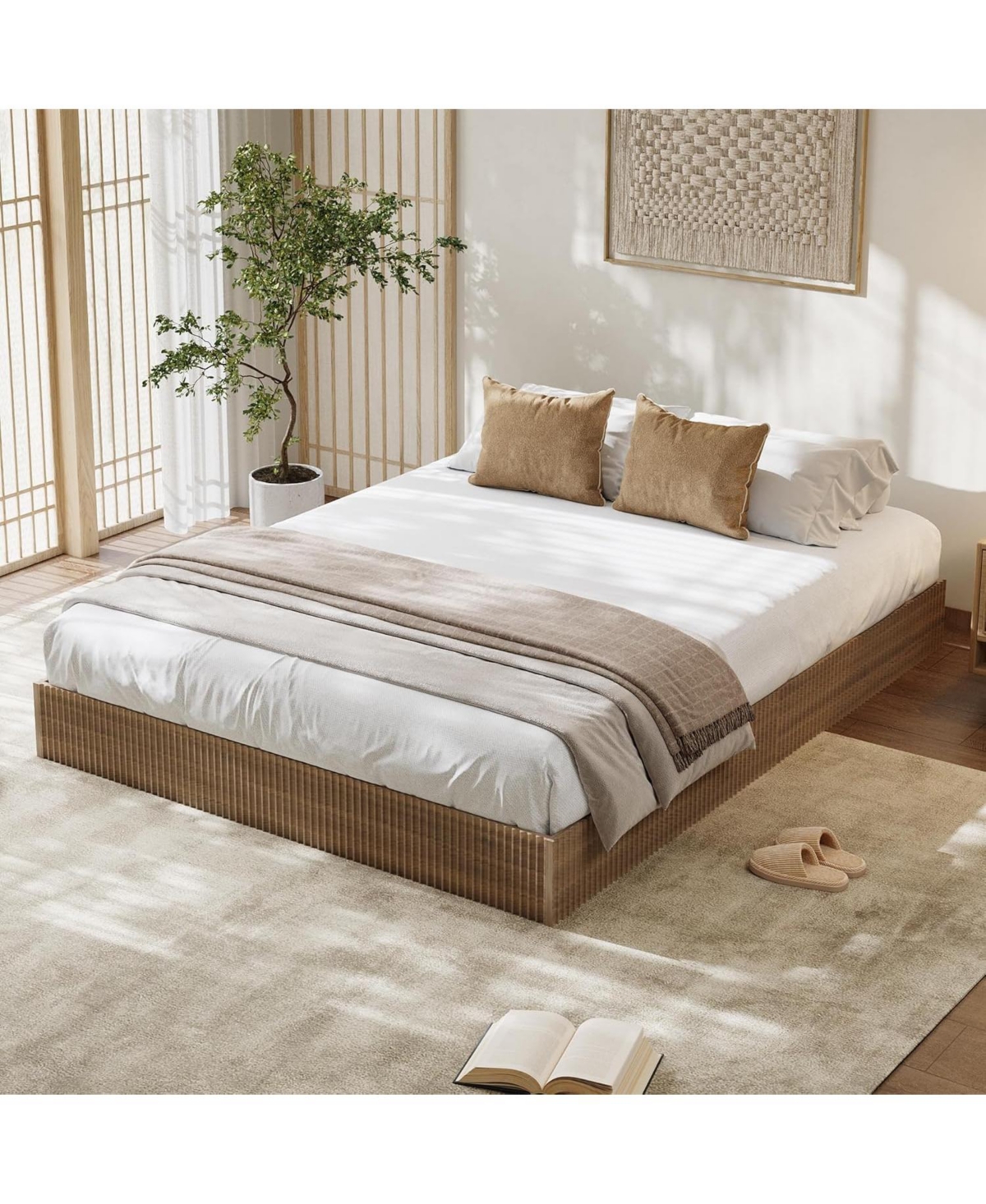 gaomon California Bed Frame, Wood Platform Bed with Fluted Design, Low Profile BedFrame, Minimalist Bed Base with Noise-Free