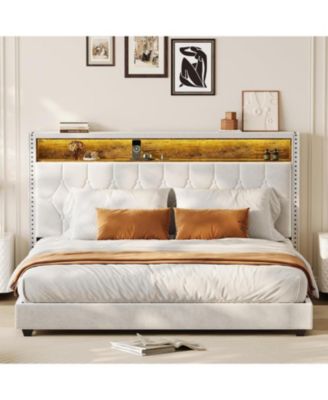  Bed Frame with LED Lights, Headboard with Built-in Charging Station, Upholstered & Trim Wingback Bedframe