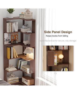 5 Tier L-Shaped Corner Bookshelf, Wooden Open Display Shelves and Storage Rack with Anti-Drop Panels for Living Room or Home Office