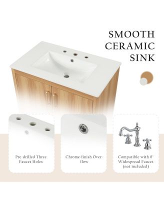 30" Bathroom Vanity with Ceramic Sink, Natural Solid Wood & MDF Cabinet, Adjustable Shelf, Drawer Storage for Modern Bathrooms-Sillysis