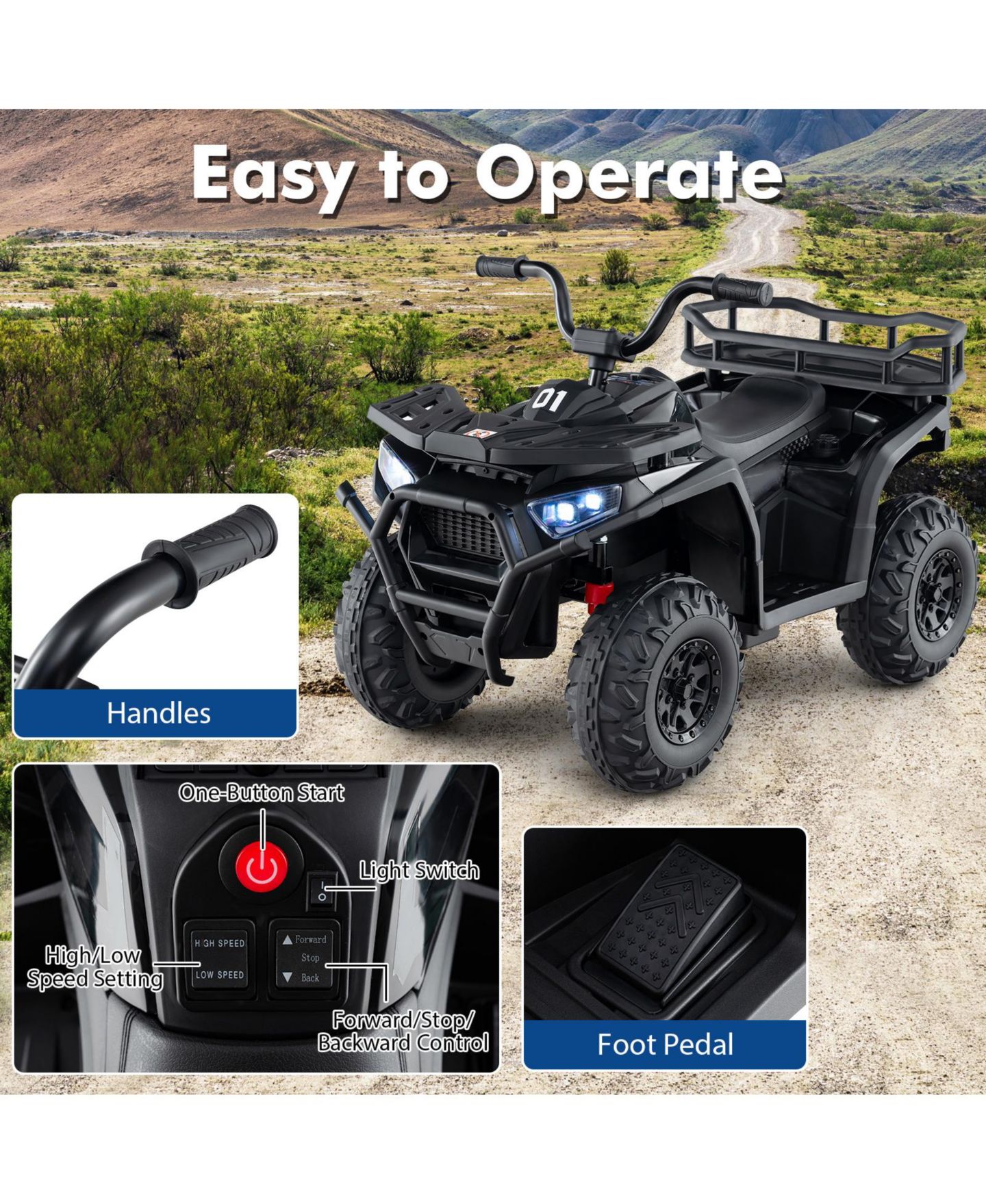 Детская игрушка Slickblue Kids 24V Electric ATV Quad Ride-On with Realistic Sounds, цвет: Чёрный — фото 8