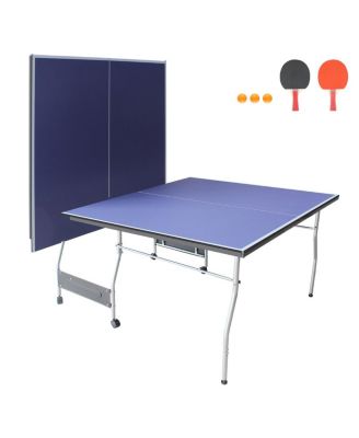 8 Ft Blue Foldable Portable Ping Pong Table Mid-Size Table Tennis Game Set with Net Paddles for Family Game Room