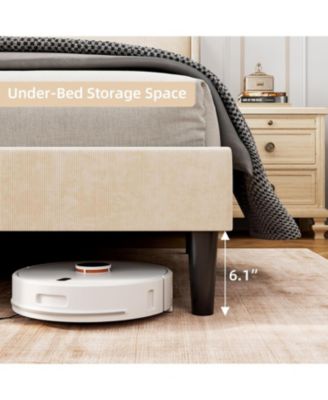 Queen Upholstered Platform Bed Wingback Headboard Velvet 2 Storage Pockets Wooden Slat Support Box Spring Optional