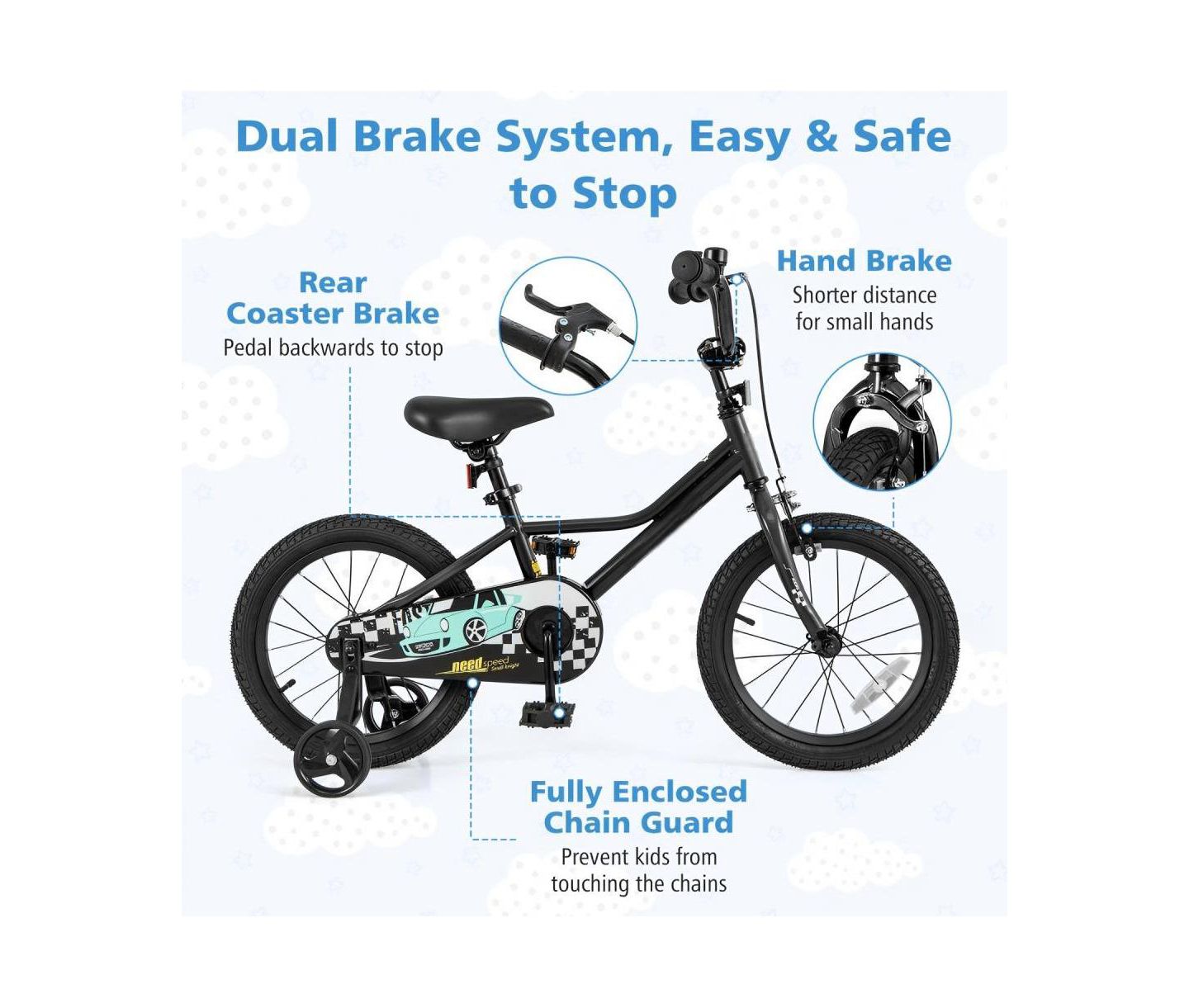 Детская игрушка HONGGE 16 Inch Kids' Bike with Adjustable Seat and Training Wheels, Ages 3-8, цвет: Чёрный — фото 7