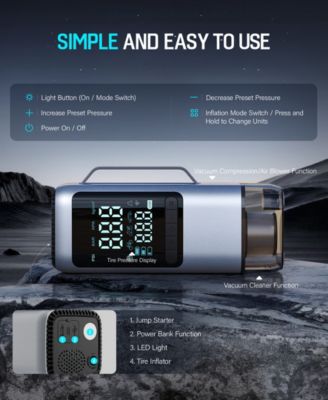 4-in-1 Portable Car Jump Starter with Air Compressor 150 PSI and Vacuum Cleaner 12V 1000A with LED Emergency Light Power Bank and Multi Nozzle Kit