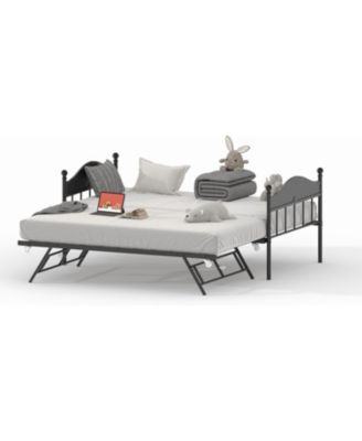  Daybed with Trundle Pop Up Foldable Metal Sofa Bed Stylish Headboard Steel Slats Living Room Bedroom