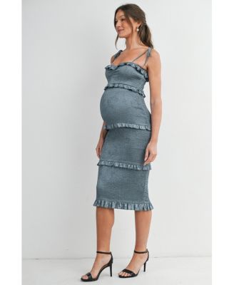 Maternity Smocked Bodycon Midi Dress with Ruffle Trim and Tie Straps
