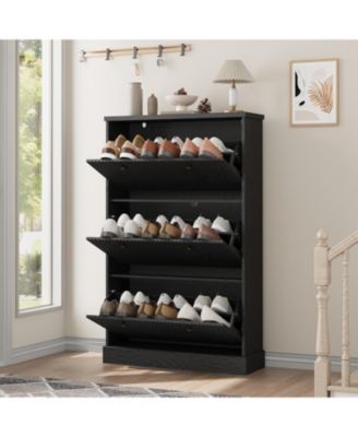 Shoe Cabinet with 3 Flip Drawers Modern Fluted Cabinet with Adjustable Shelves Freestanding Wooden Shoe Organizer for Entryway Hallway