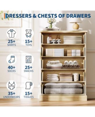 5 Drawer Tall Dresser for Bedroom, Fluted Vertical Chest of Drawers, Wood Storage Dresser with Metal Handles