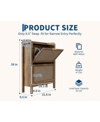 Farmhouse Rattan Shoe Cabinet 32 Inch Narrow Shoe Storage with 2 Flip-Down Drawers Freestanding Entryway Organizer with Adjustable Shelves
