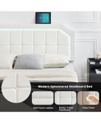  Floating Bed Frame RGB LED Headboard Adjustable Height Upholstered Metal Platform Easy Assembly No Box Spring