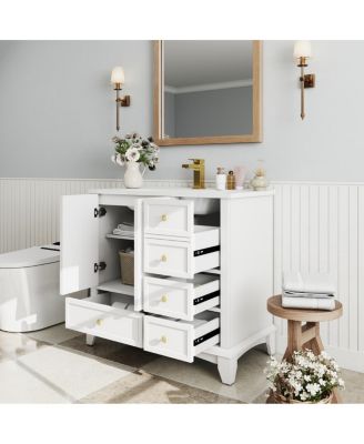 36" Bathroom Vanity with Ceramic Sink, Solid Wood MDF Cabinet, 4 Drawers Ample Storage for Modern Vintage Bathrooms