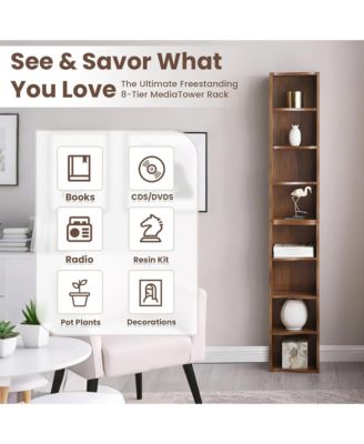 8-Tier Tall Narrow Bookshelf - A Wavy Border Design, Adjustable Shelves, Freestanding Display Bookcase for Living Room, Home Office (Walnut)