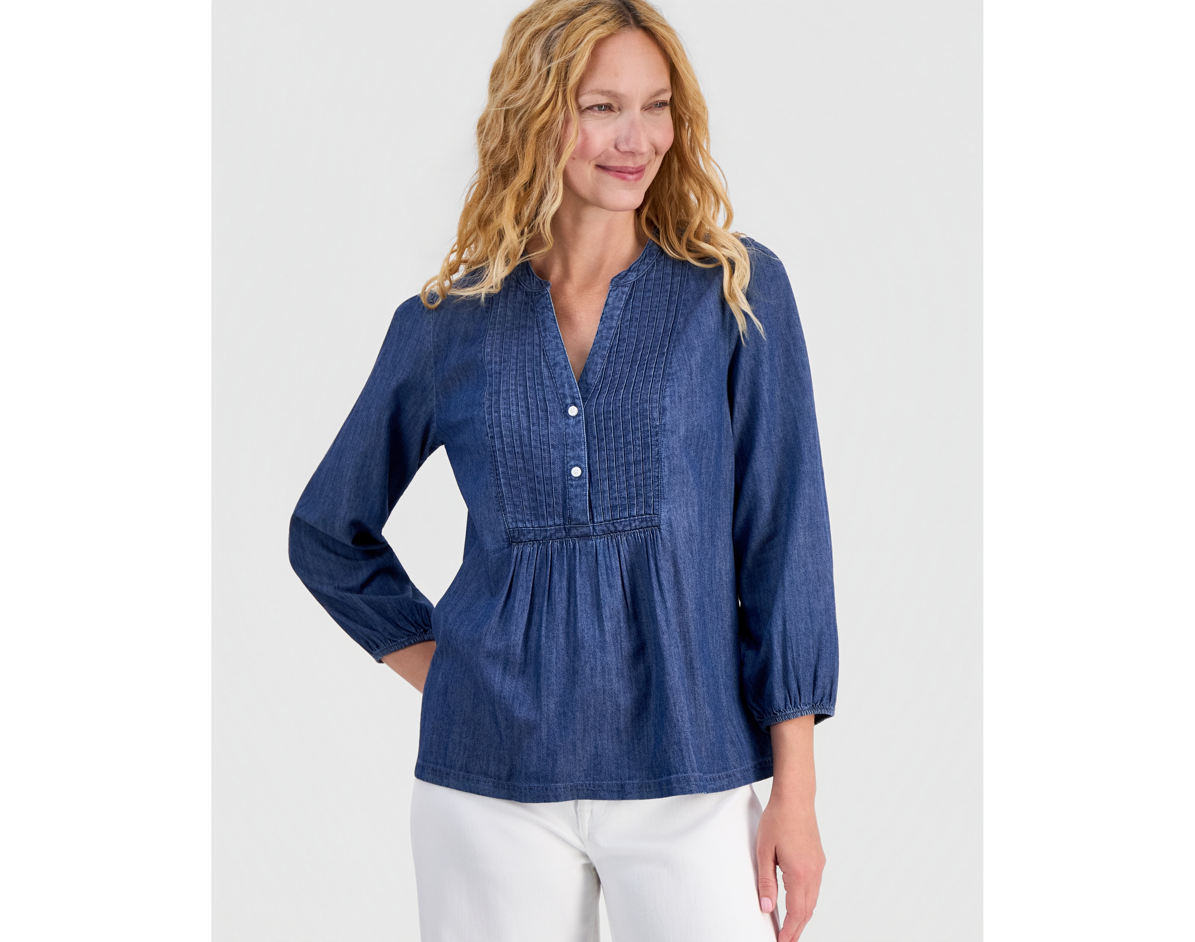 Nautica Women's Chambray Pintuck Popover Blouse