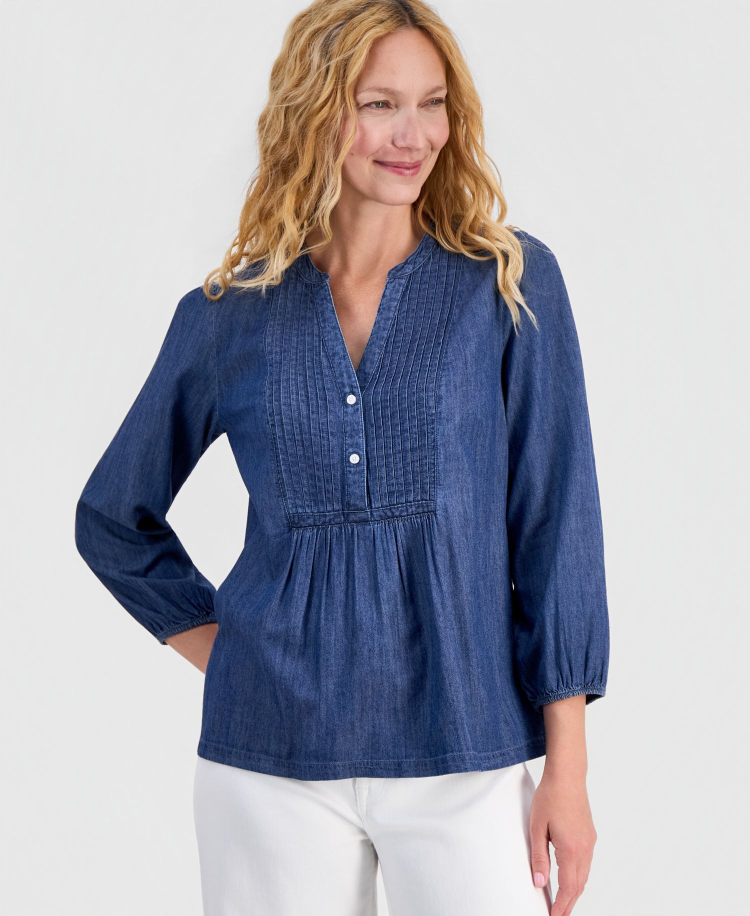 Women's Chambray Pintuck Popover Blouse