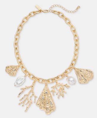 Pav&eacute; & Imitation Pearl Sealife Charm Statement Necklace, 16" + 3" extender