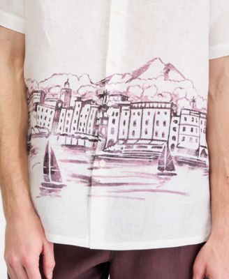 Men's Resort Scene Linen Short-Sleeve Shirt