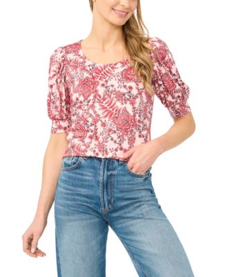 Women's Crew Neck Shirred Short-Sleeve Blouse