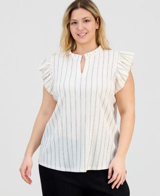 Plus Size Flutter-Sleeve Split-Neck Top
