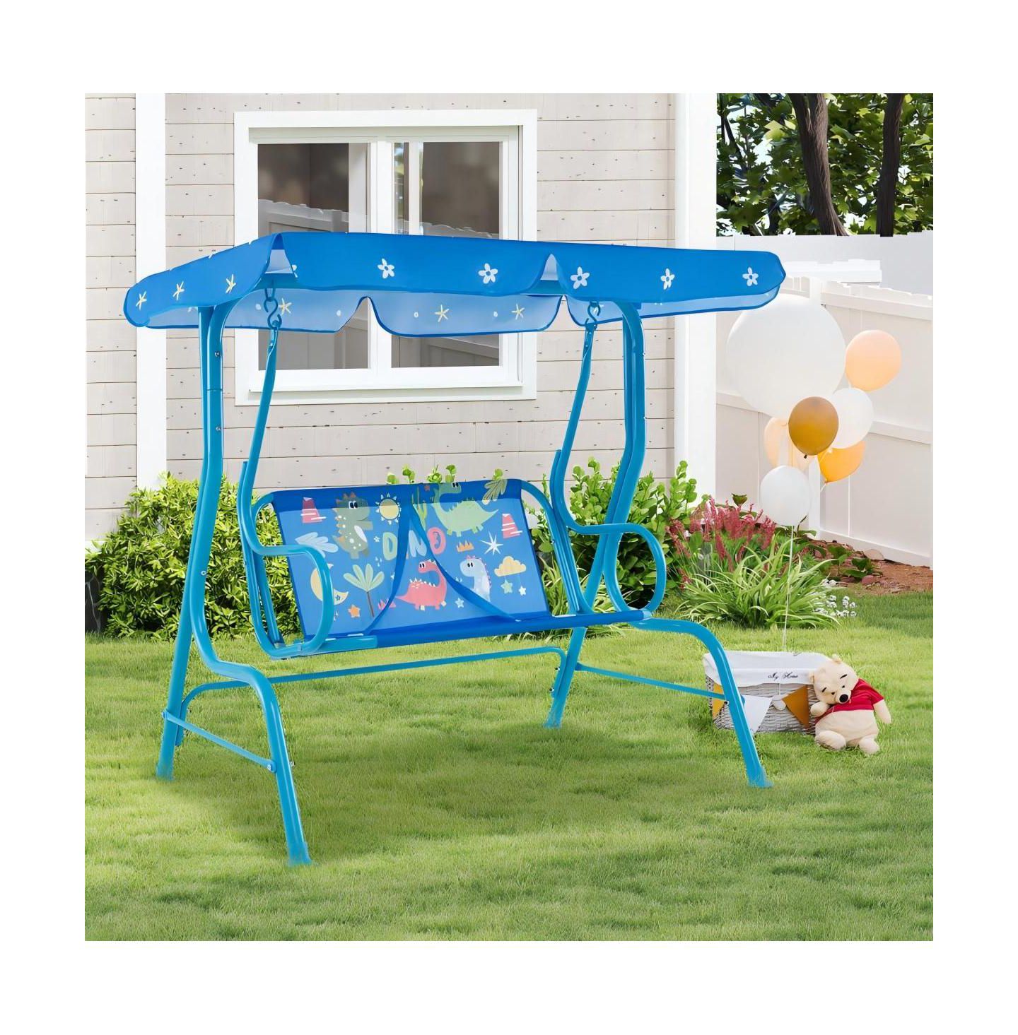 Детская игрушка HONGGE 2-Seater Kids Patio Swing with Metal Stand and Adjustable Canopy, Ages 3+, цвет: Синий — фото 2