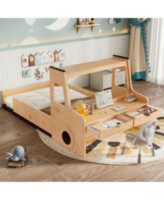  Twin Size Car-Shape Floor Bed with Storage Drawers and Desk