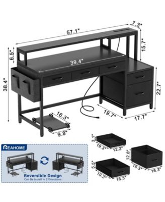 61" Modern Computer Lap Desk Table w/Storage Drawer, Monitor Stand, Charging Station, Side Pocket
