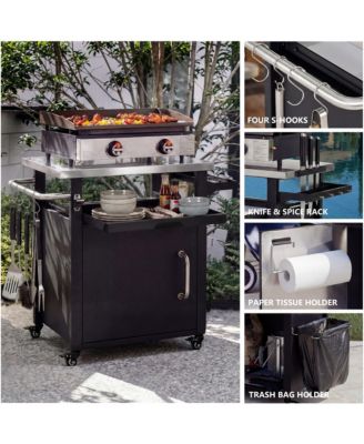 Outdoor Grill Cart with Wheels, Spice, Paper Rack, Storage Cabinet and Stainless Steel Top for BBQ, Waterproof Cover Included