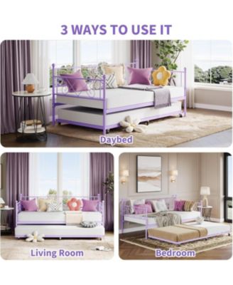 Daybed with Trundle Metal Bed Frame Heart Headboard Steel Slats Space-Saving Sofa Bed Easy Assembly