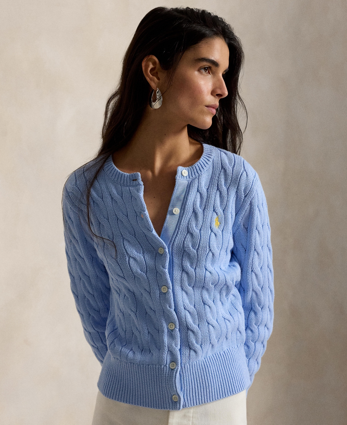 Polo Ralph Lauren Women's Cable-knit Cotton Crewneck Cardigan Sweater In Baby Blue