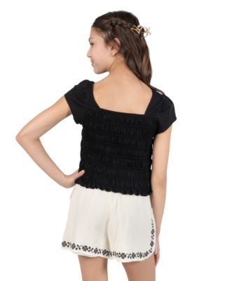 Girls' 7-16 Smocked Top and Embroidered Gauze Shorts, 3-Piece Set