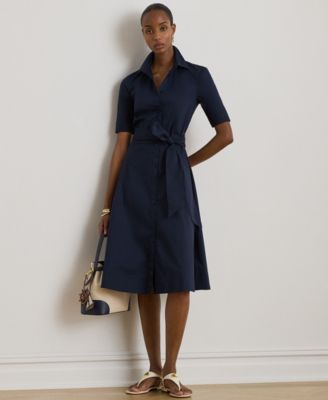 Women's Petite Belted Point Collar Shirt Dress