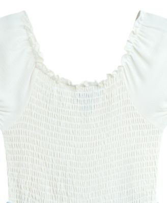 Girls' 7-16 Short-Sleeve Smocked Bodice Jumpsuit