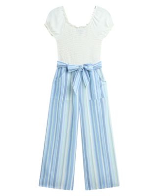 Girls' 7-16 Short-Sleeve Smocked Bodice Jumpsuit