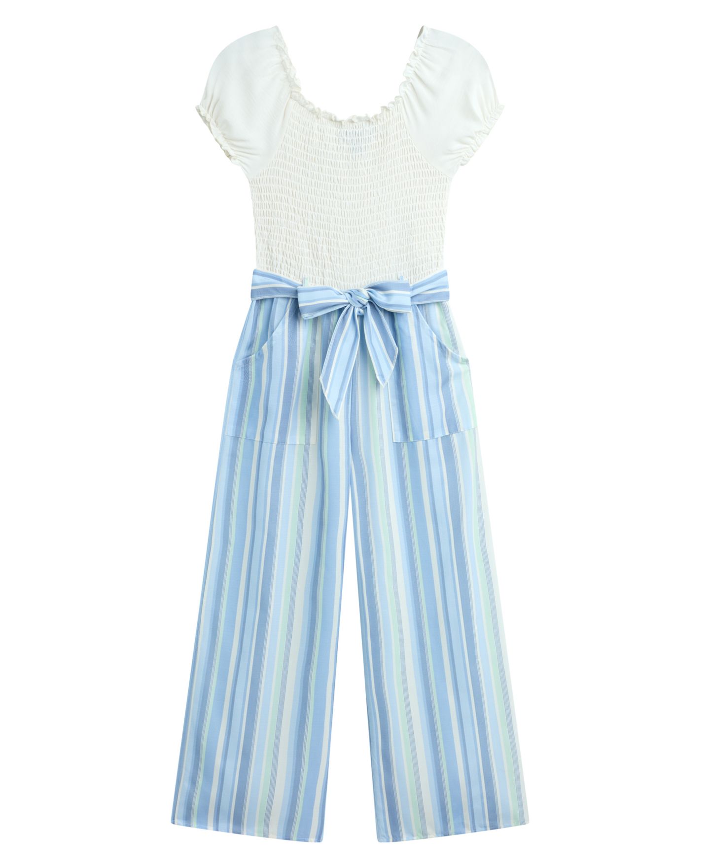 Комбинезон BCX Short-Sleeve Smocked Bodice Jumpsuit для девочек, цвет: Белый / Синий — фото 1