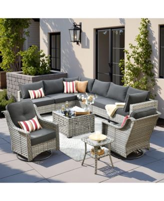 10 Piece Outdoor Rattan Patio Set with Swivel Rocker Chairs, Modular Sectional & Solar Coffee Table