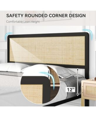 Metal Platform Bed Frame Natural Rattan Headboard, Bohemian Mattress Foundation With Strong Slats Support, No Box Spring Needed