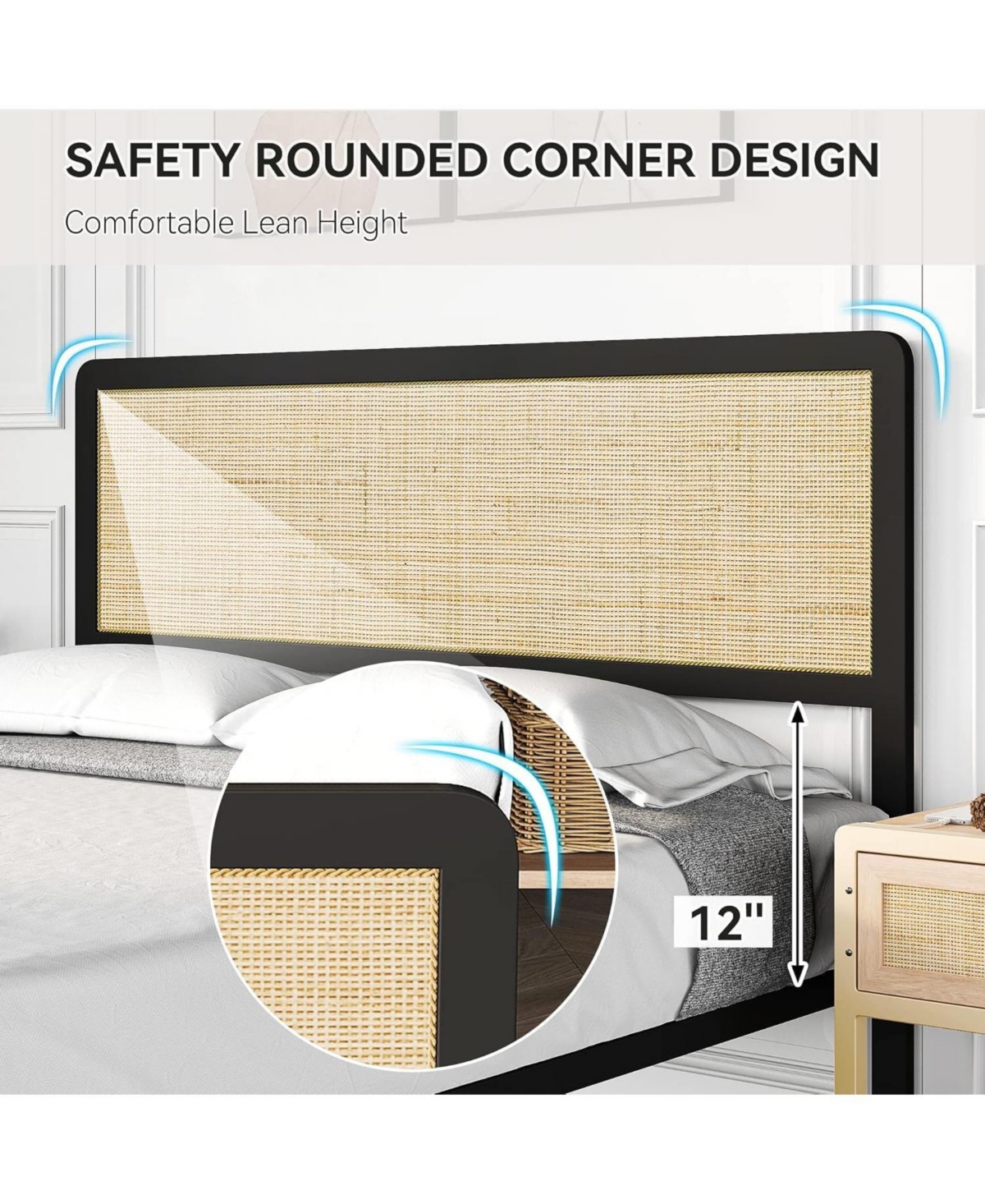 gaomon Metal Platform Bed Frame Natural Rattan Headboard, Bohemian Mattress Foundation With Strong Slats Support, No Box Spring Needed