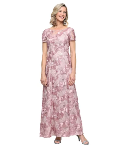 Petite Boat Neck Short-Sleeve A-Line Gown - Rose