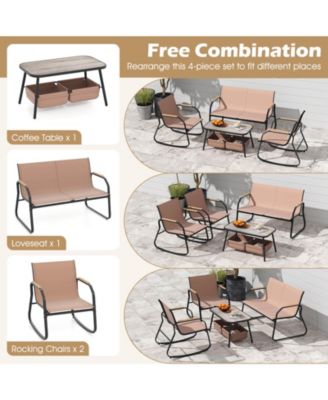 8 Pieces Patio Furniture Set with 4 Rocking Bistro Chairs 2-Tier Coffee Table