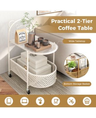 2-Tier Mobile Glass Coffee Table w/ Bear Pattern Storage Basket Transparent