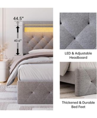 Full Bed Frame with Charging Station and LED Lights, Upholstered Adjustable Headboard, Wood Slats