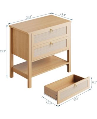 Rattan Nightstand Set of 2, Boho Nightstand with 2 Drawers and Storage Shelf