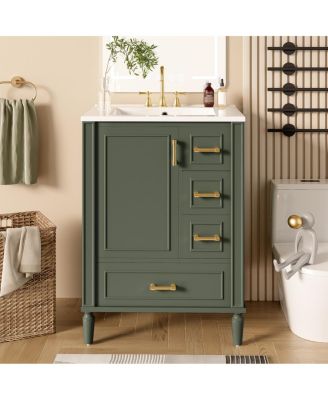 24  Bathroom Vanity with Ceramic Sink, Modern Freestanding Solid Wood MDF Cabinet, 3 Drawers Soft Close Door for Small Spaces-