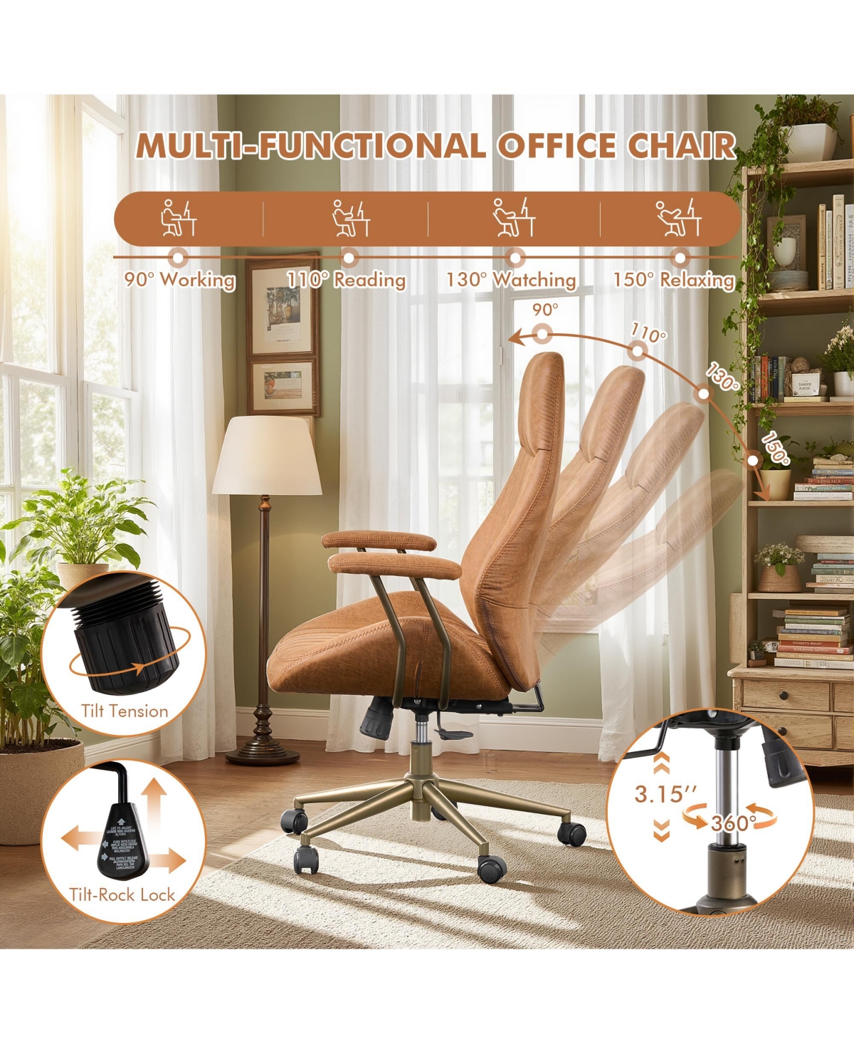 Xizzi High Back Ergonomic Office Chair, Swivel Suede Desk Chair with Lumbar Support, Height Adjustable Modern Executive Computer