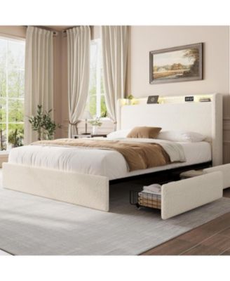 Boucle Bed Frame with Storage Headboard, Upholstered Bed Frame Full Size with Charging Station, LED Lights, 4 Storage Drawers