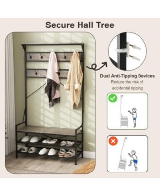 4-in-1 Hall Tree Coat Rack with 11 Hooks and Shoe Bench